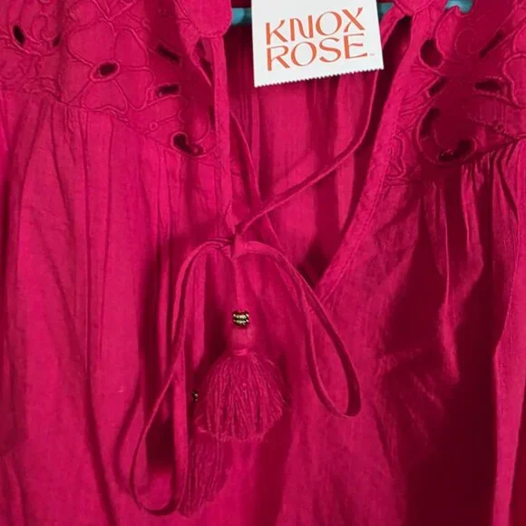 NWT Knox Rose Red Short Sleeve Blouse with front tassel tie - Picture 3 of 4